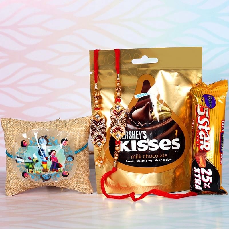 Choco Divine Designer Rakhi Set - Set of Bhaiya Bhabhi Designer Rakhi with One Lord Krishna Rakhi and Hersheys Kisses Milk Chocolate - 43gm